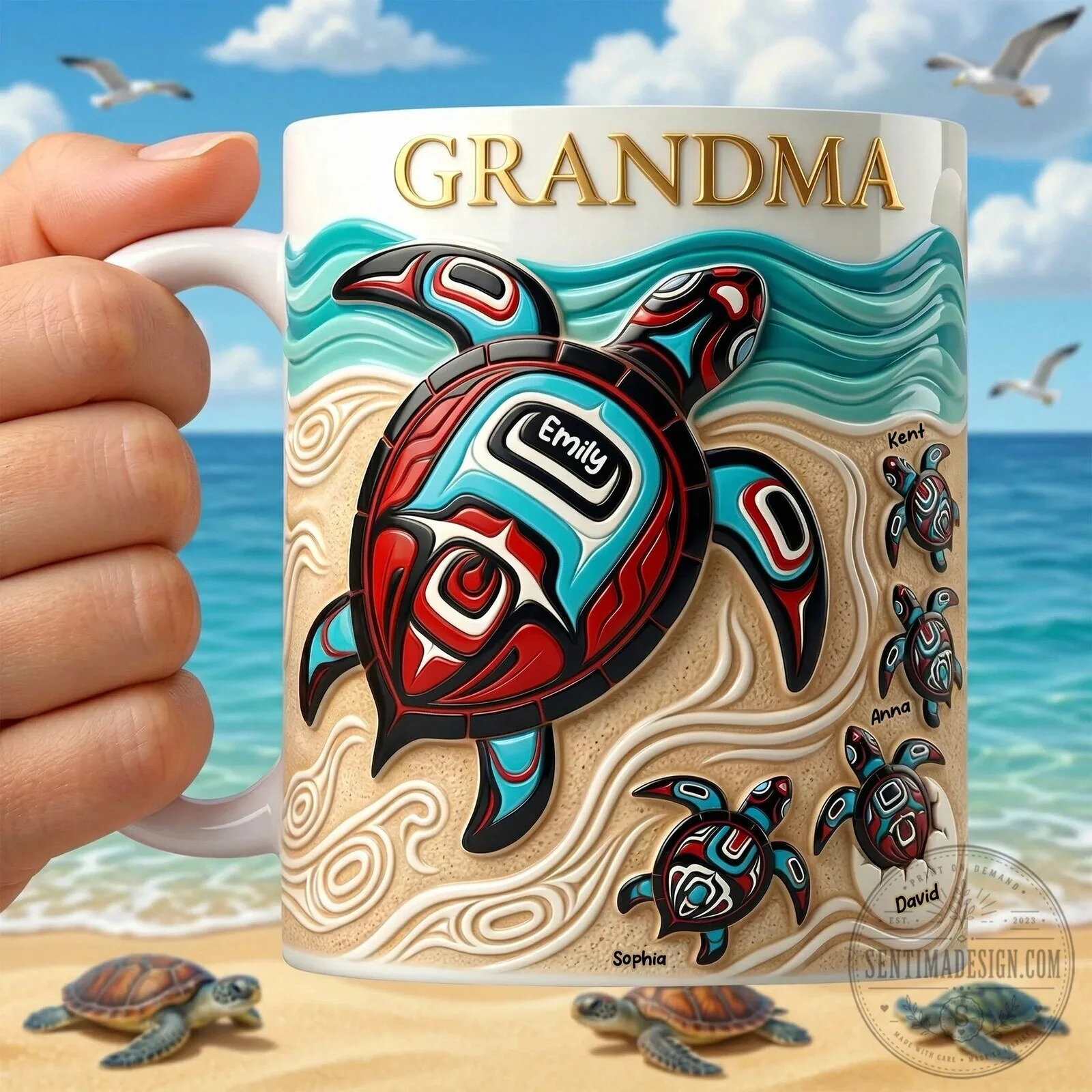 Personalized Grandma Turtle Beach Coffee Mug with Grandchildren Names