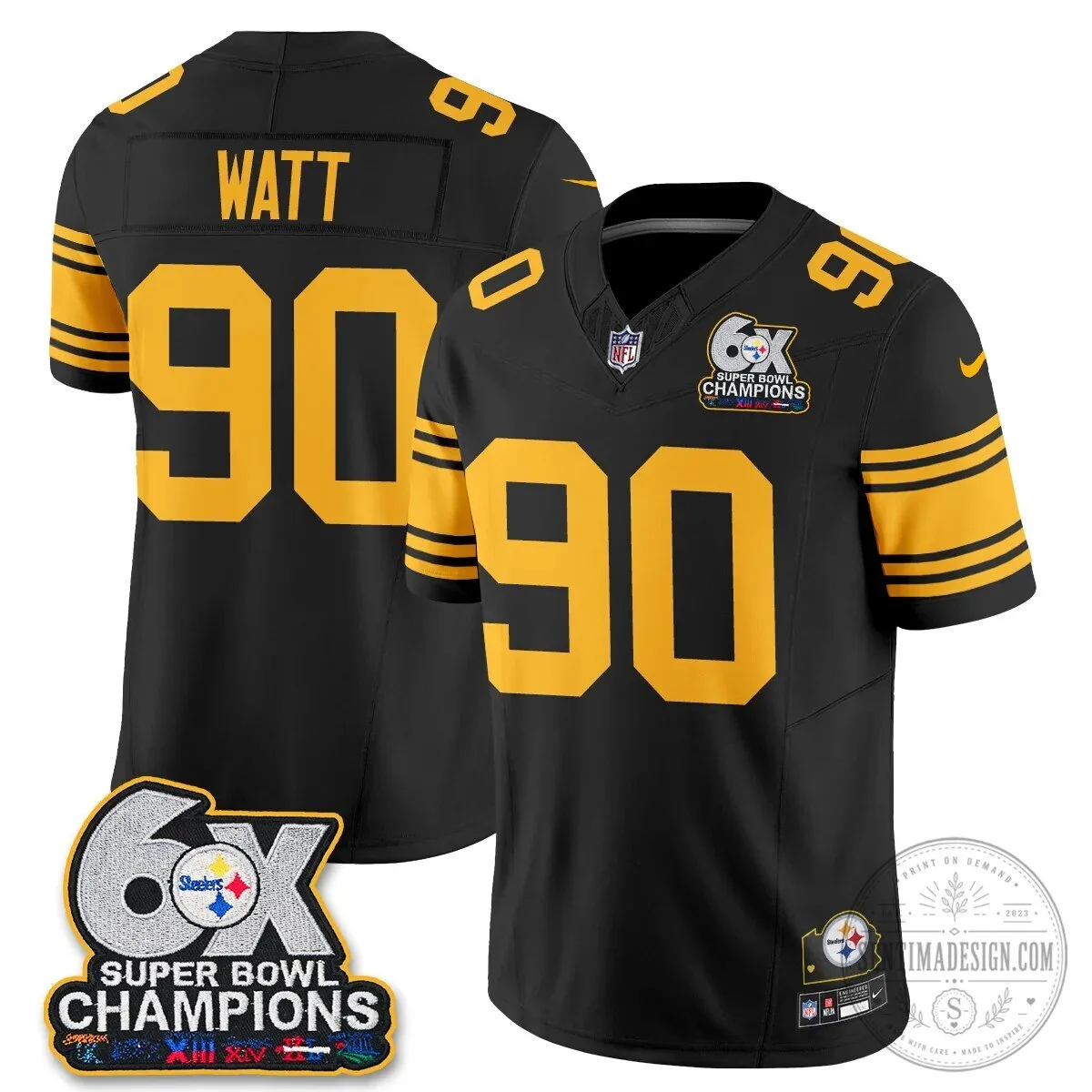 Pittsburgh Steelers TJ Watt Six Times Super Bowl Champions Football Jersey 64 Pittsburgh Steelers TJ Watt Six Times Super Bowl Champions Football Jersey