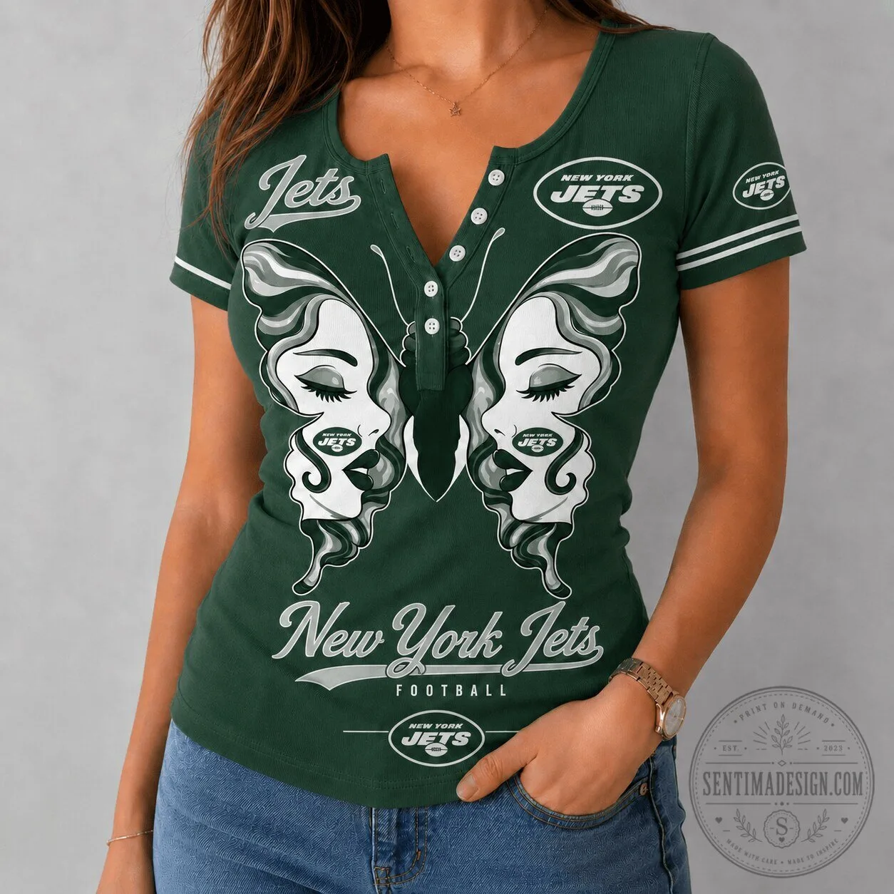 New York Jets Football Butterfly Wings V-Neck Short Sleeve T-Shirt 2 New York Jets Football Butterfly Wings V-Neck Short Sleeve T-Shirt