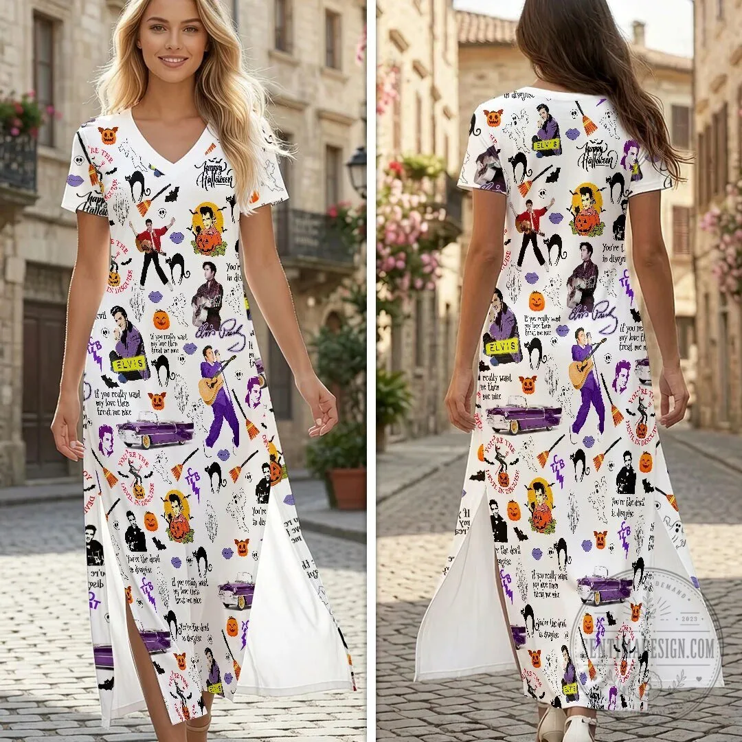 Elvis Presley Halloween Pattern Short Sleeve Maxi Dress