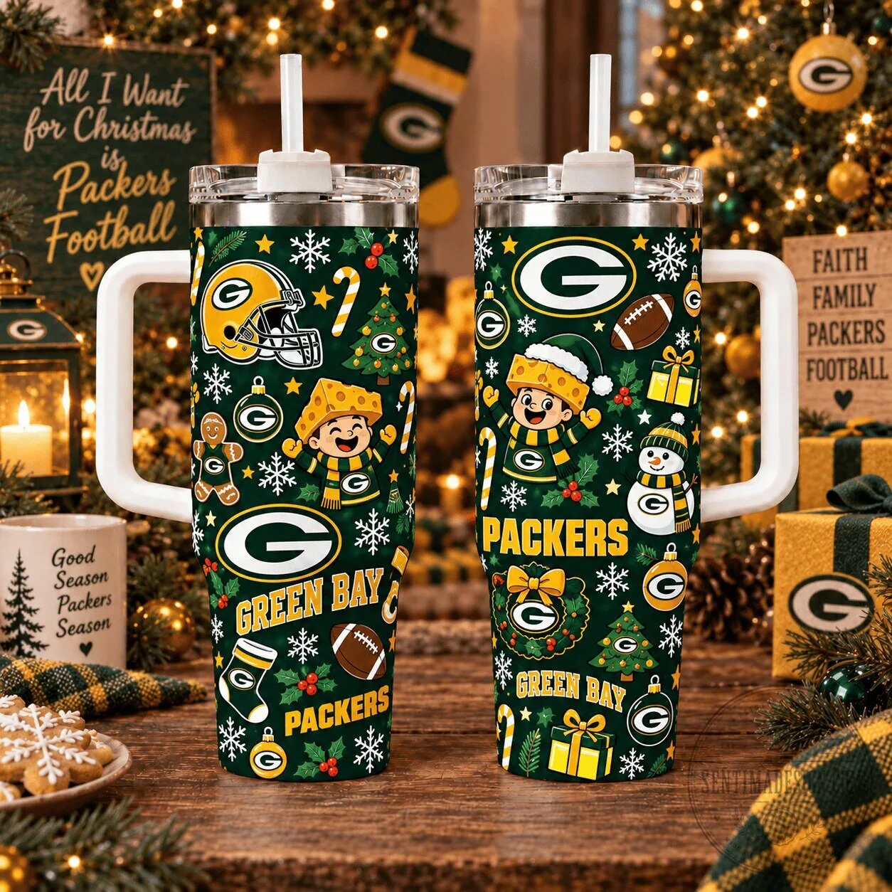 Green Bay Packers Christmas Football Team Insulated Tumbler with Handle