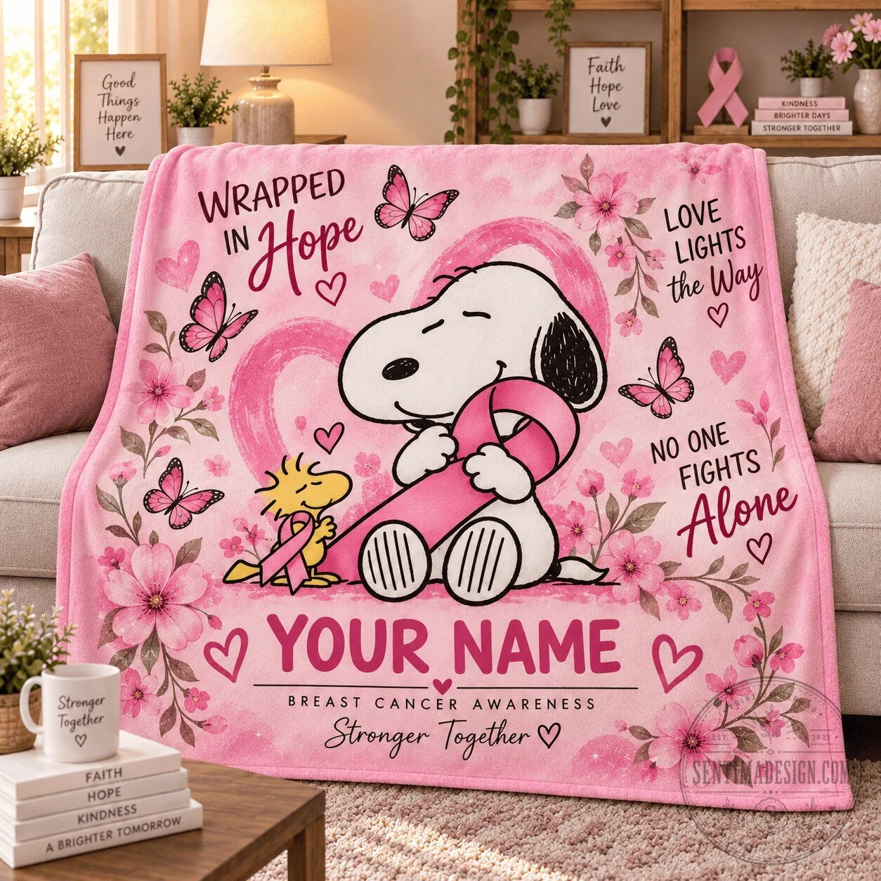 Snoopy and Woodstock Breast Cancer Awareness Personalized Fleece Blanket