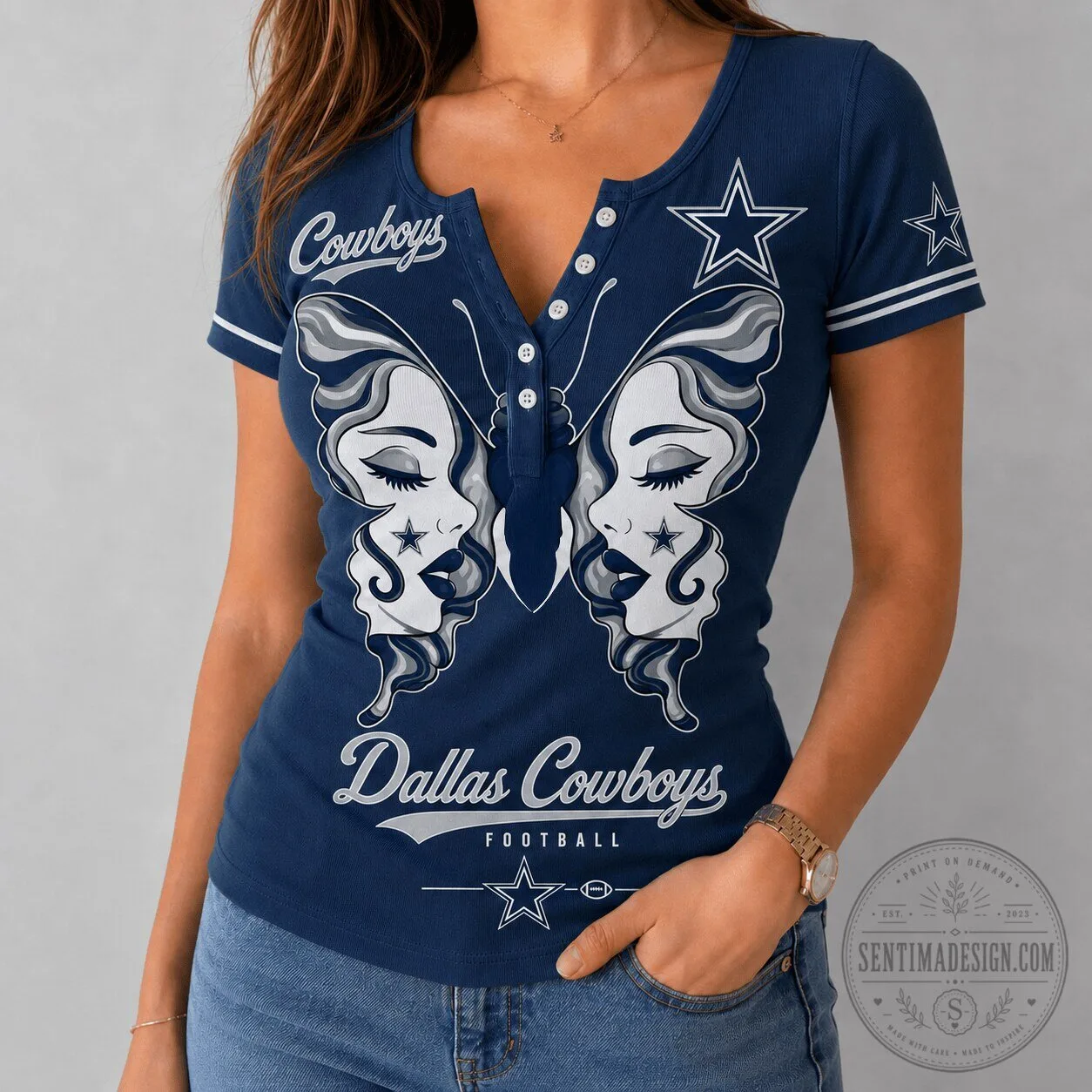 Dallas Cowboys Football Butterfly Wings V-Neck T-Shirt for Women