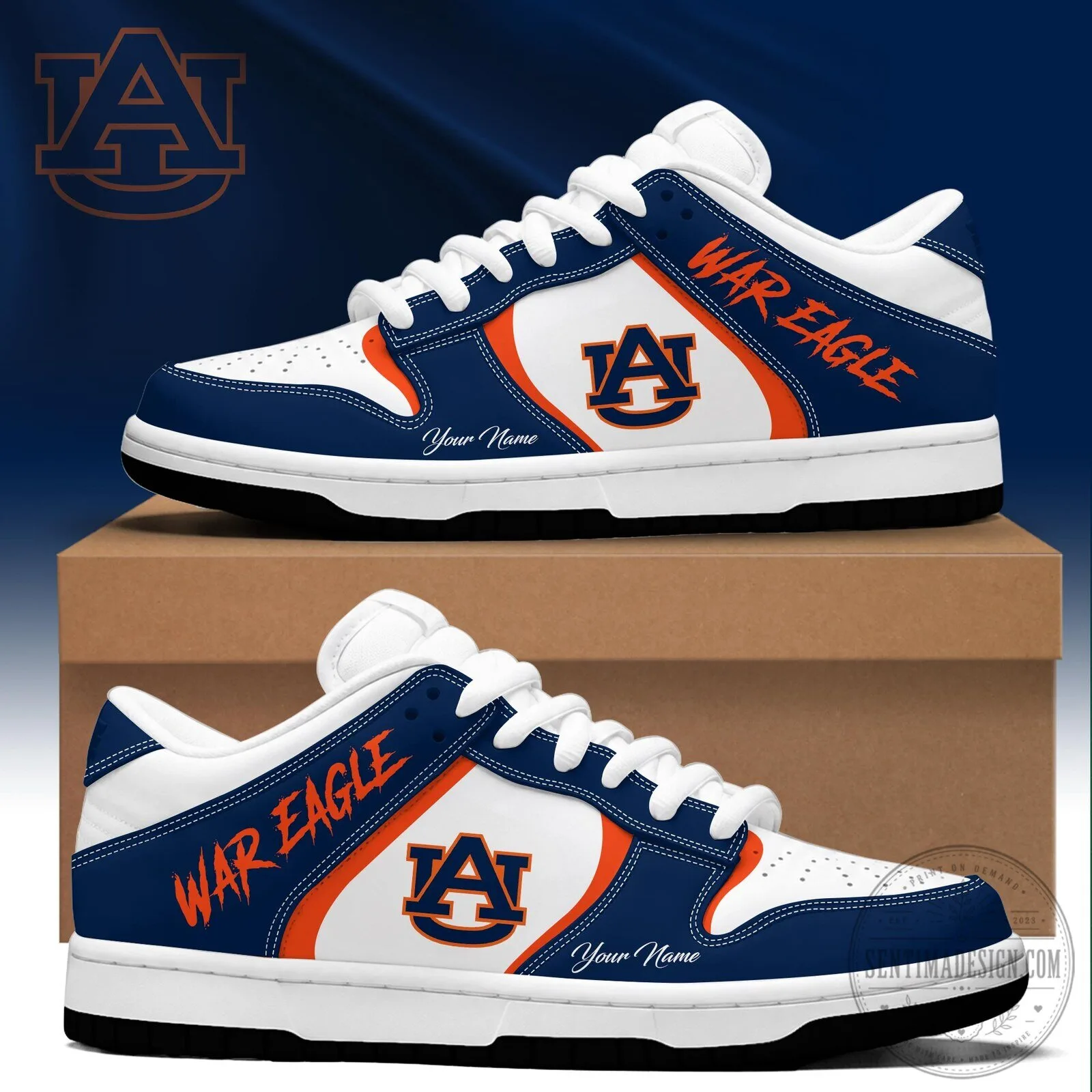 Auburn Tigers War Eagle Custom Name NCAA Team Logo White and Blue Sneakers