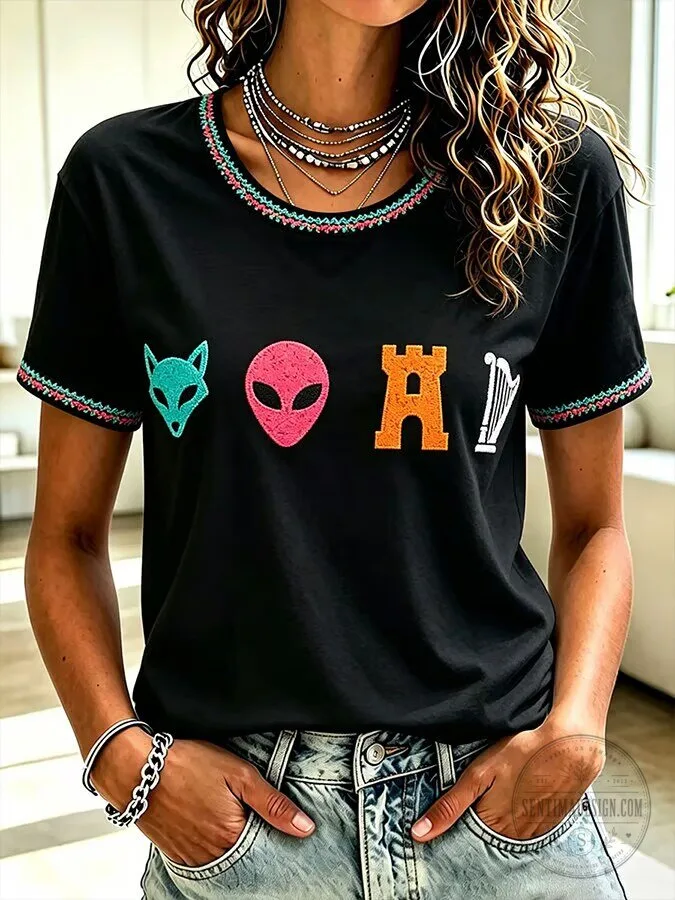 Women's Basketball Fan T-Shirt with Embroidered Fox Alien Castle Harp Design