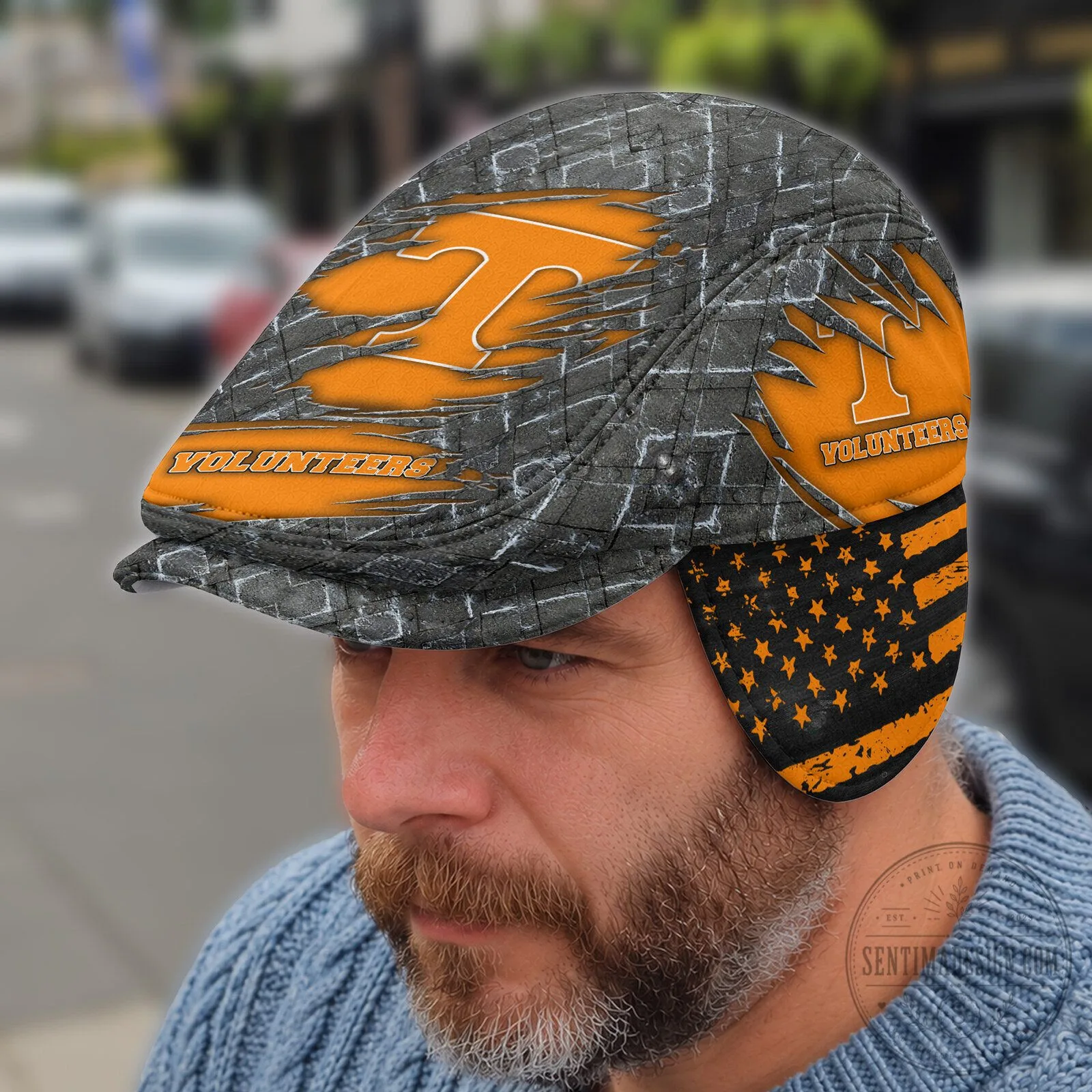 Tennessee Volunteers Distressed Brick Pattern Flat Cap with Ear Flaps