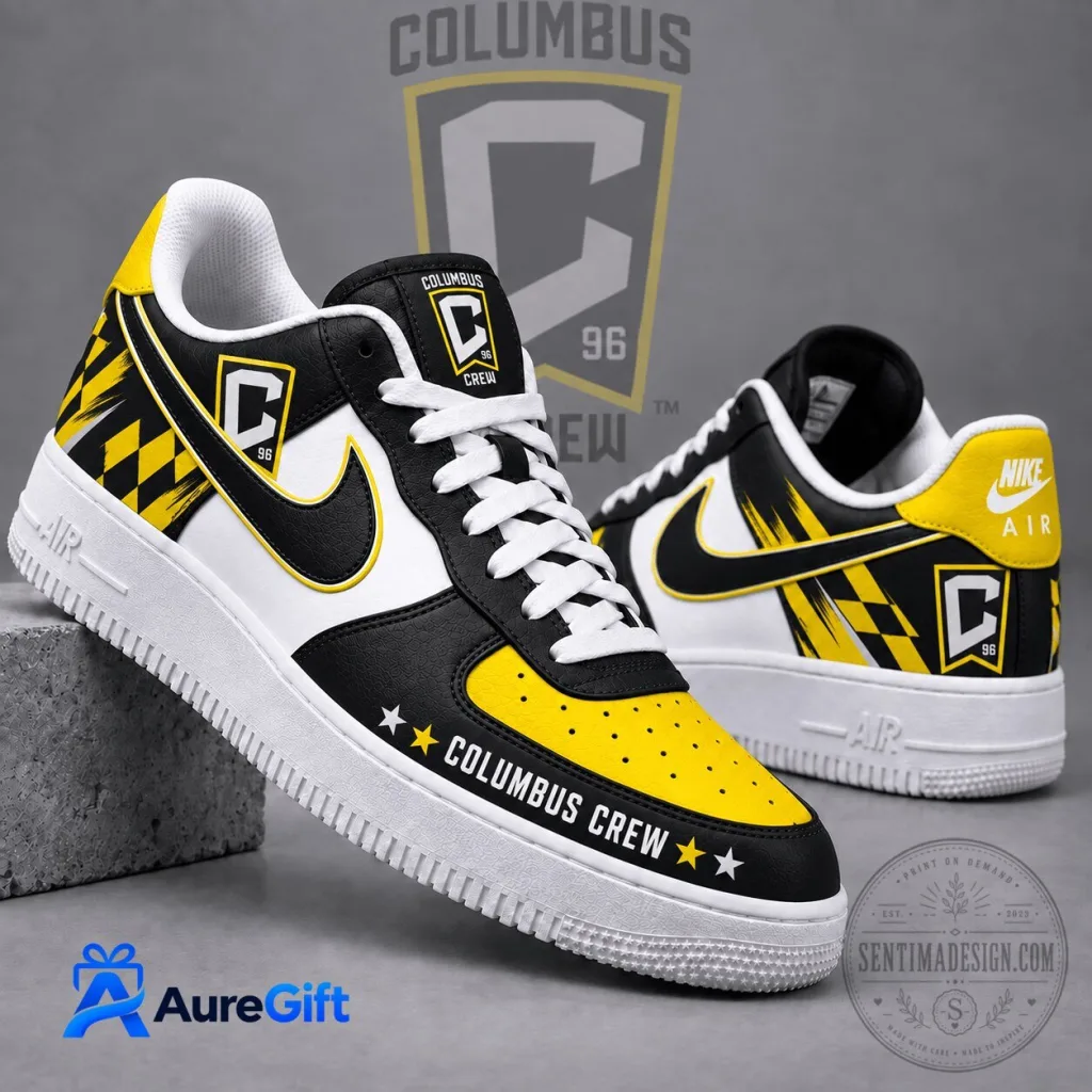 Columbus Crew Soccer Club Black and Yellow Checkered Nike Air Force 1 Shoes Columbus Crew Soccer Club Black and Yellow Checkered Nike Air Force 1 Shoes