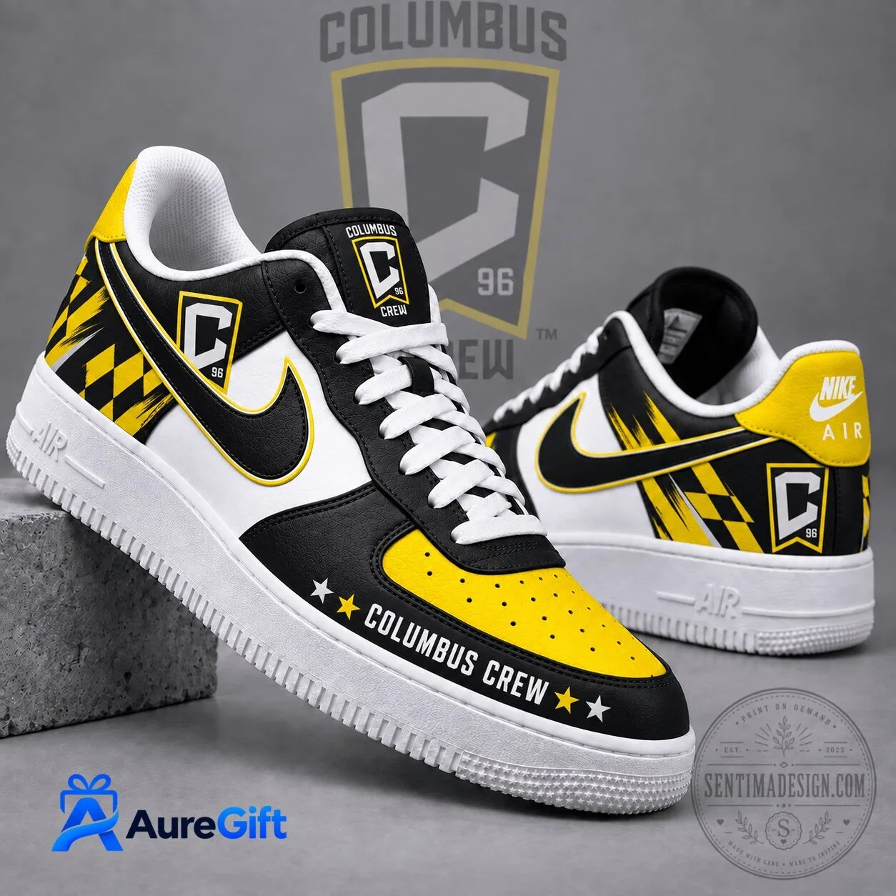 Columbus Crew Soccer Club Black and Yellow Checkered Nike Air Force 1 Shoes