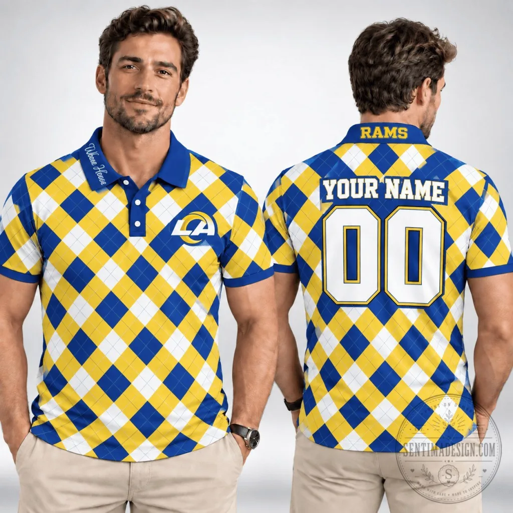 Los Angeles Rams Personalized Argyle Blue Gold Polo Shirt Los Angeles Rams Personalized Argyle Blue Gold Polo Shirt