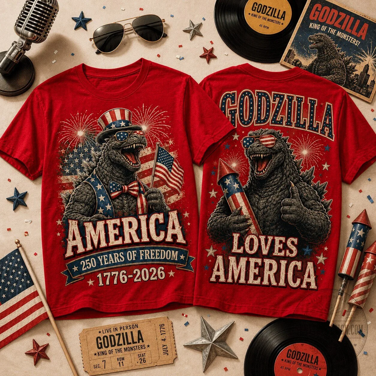 Fourth of July Godzilla America 250 Years of Freedom T-Shirt