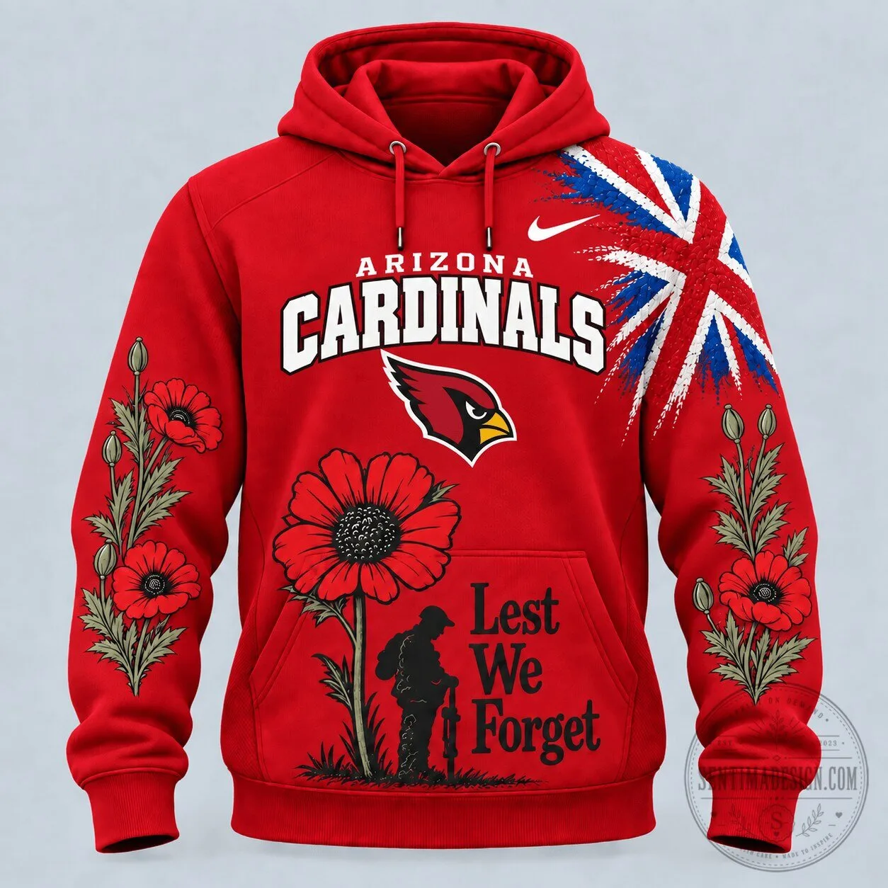 Arizona Cardinals Lest We Forget Poppy Flower Red Hoodie