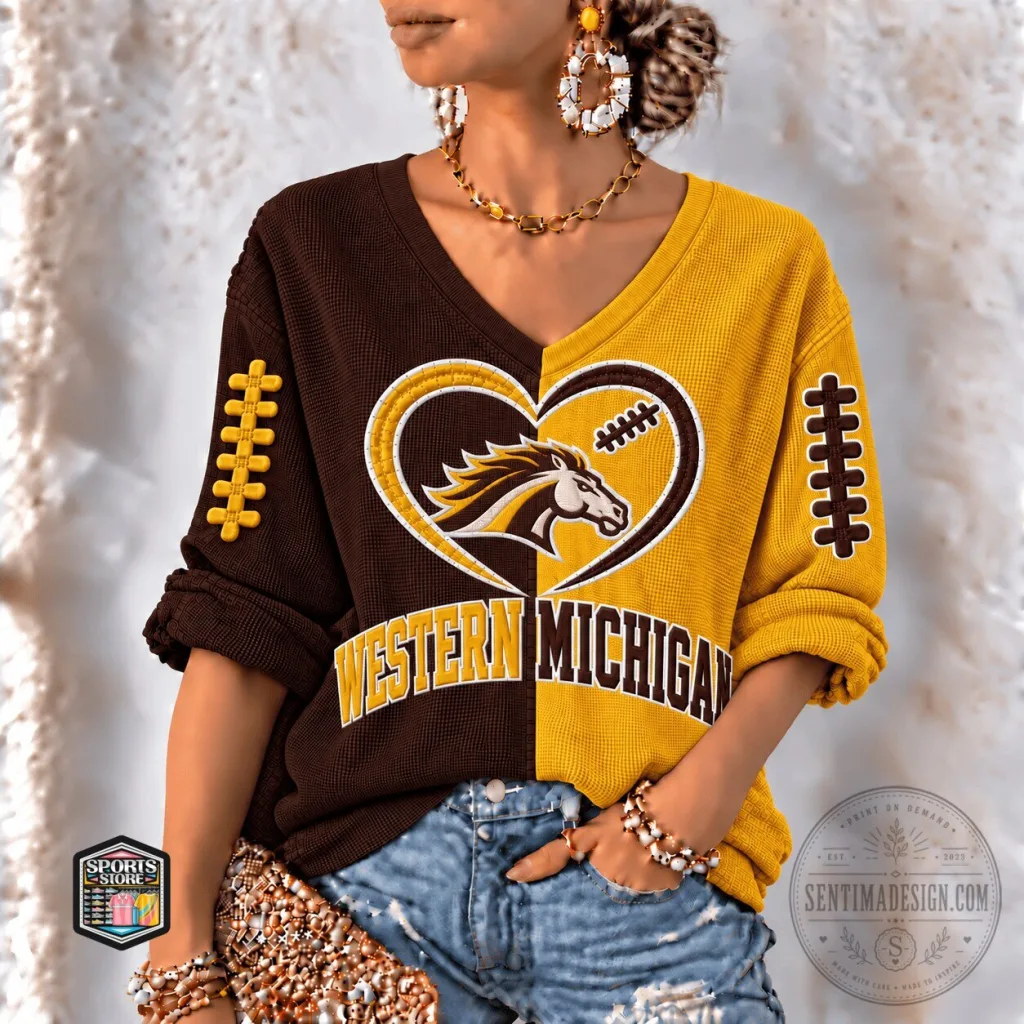 Western Michigan Broncos Football Team Split Color V-Neck Long Sleeve Shirt Western Michigan Broncos Football Team Split Color V-Neck Long Sleeve Shirt