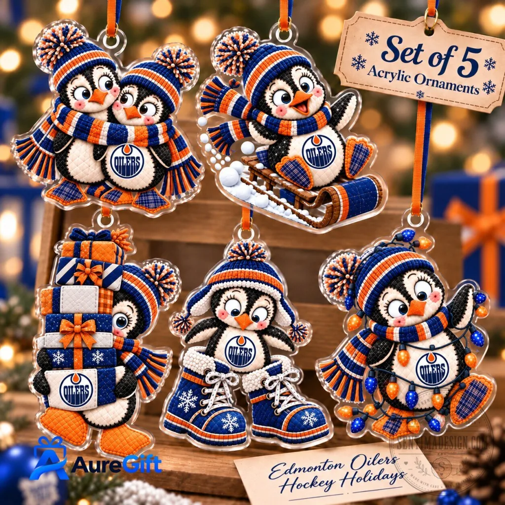 Edmonton Oilers Penguin Christmas Hockey Holidays Acrylic Ornament Set Edmonton Oilers Penguin Christmas Hockey Holidays Acrylic Ornament Set