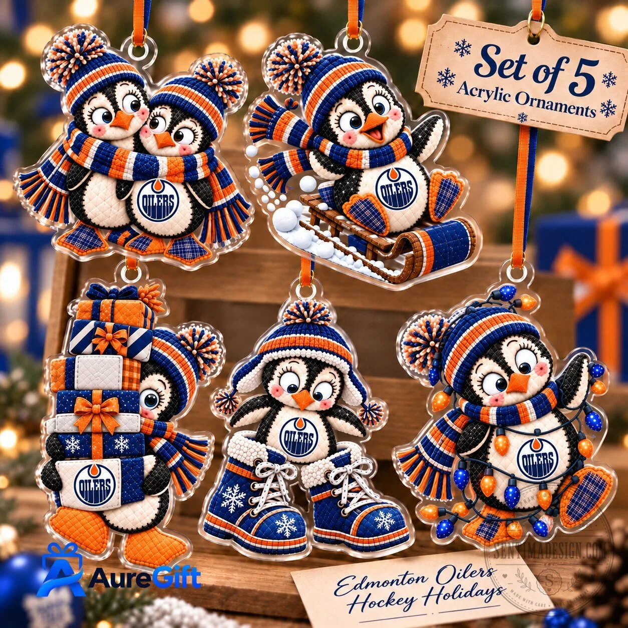 Edmonton Oilers Penguin Christmas Hockey Holidays Acrylic Ornament Set 2 Edmonton Oilers Penguin Christmas Hockey Holidays Acrylic Ornament Set