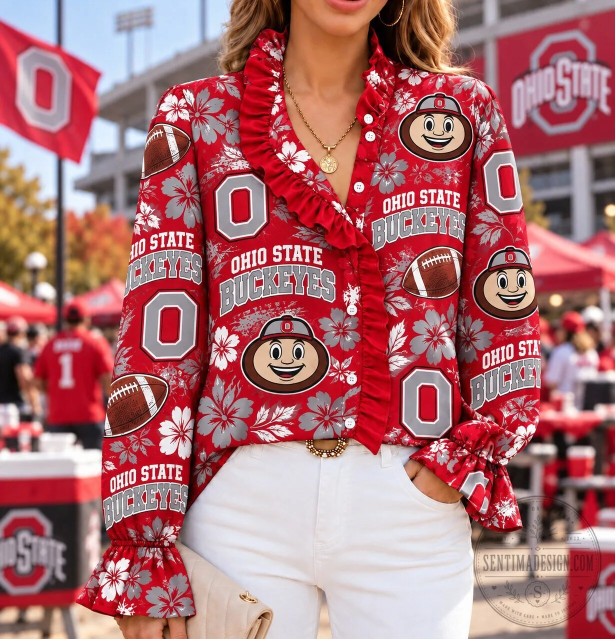 Ohio State Buckeyes Floral Ruffle Button Down Long Sleeve Shirt