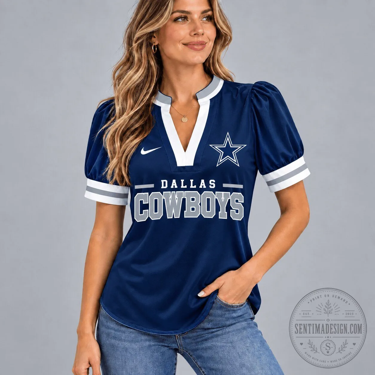 Dallas Cowboys National Football League Women's V-Neck Puff Sleeve T-Shirt