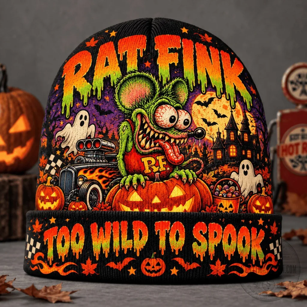 Rat Fink Too Wild To Spook Halloween Monster Hot Rod Graphic Knit Beanie Hat Rat Fink Too Wild To Spook Halloween Monster Hot Rod Graphic Knit Beanie Hat