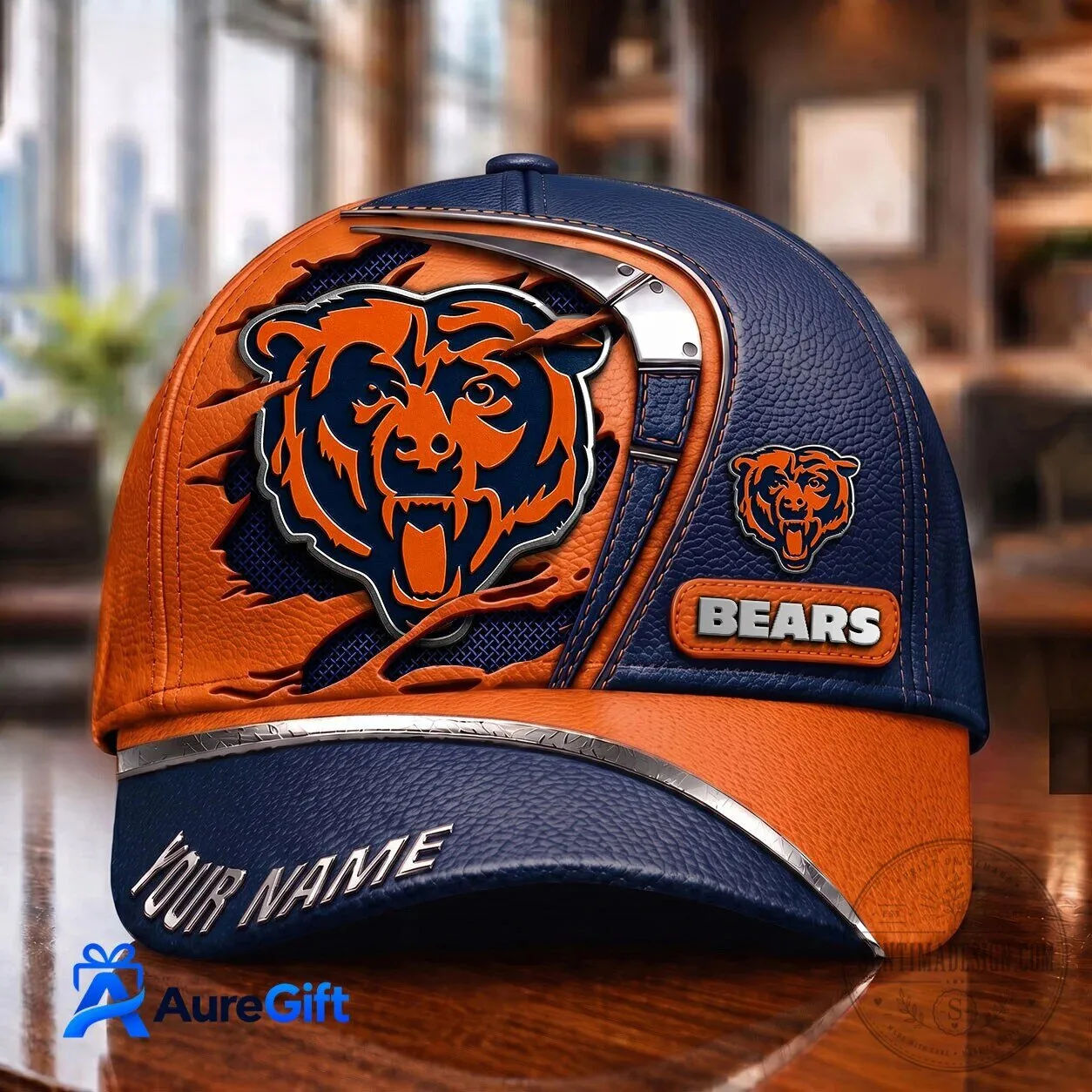 Chicago Bears Custom Name Football Team Logo Blue Orange Baseball Cap Hat