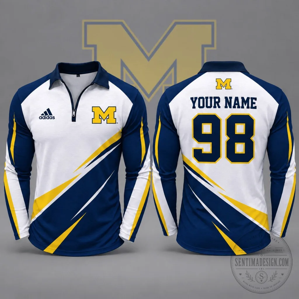 Michigan Wolverines NCAA Personalized Name Number Dynamic Stripe Long Sleeve Polo Shirt Michigan Wolverines NCAA Personalized Name Number Dynamic Stripe Long Sleeve Polo Shirt