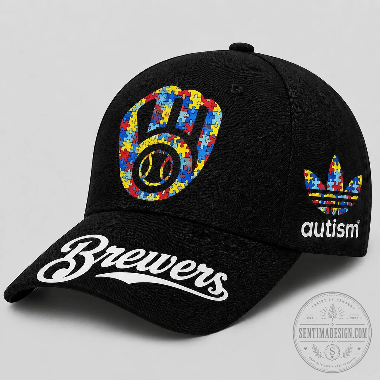 Heart Puzzle Cap Hat for Autism Awareness - Milwaukee Brewers Baseball 5 Heart Puzzle Cap Hat for Autism Awareness - Milwaukee Brewers Baseball