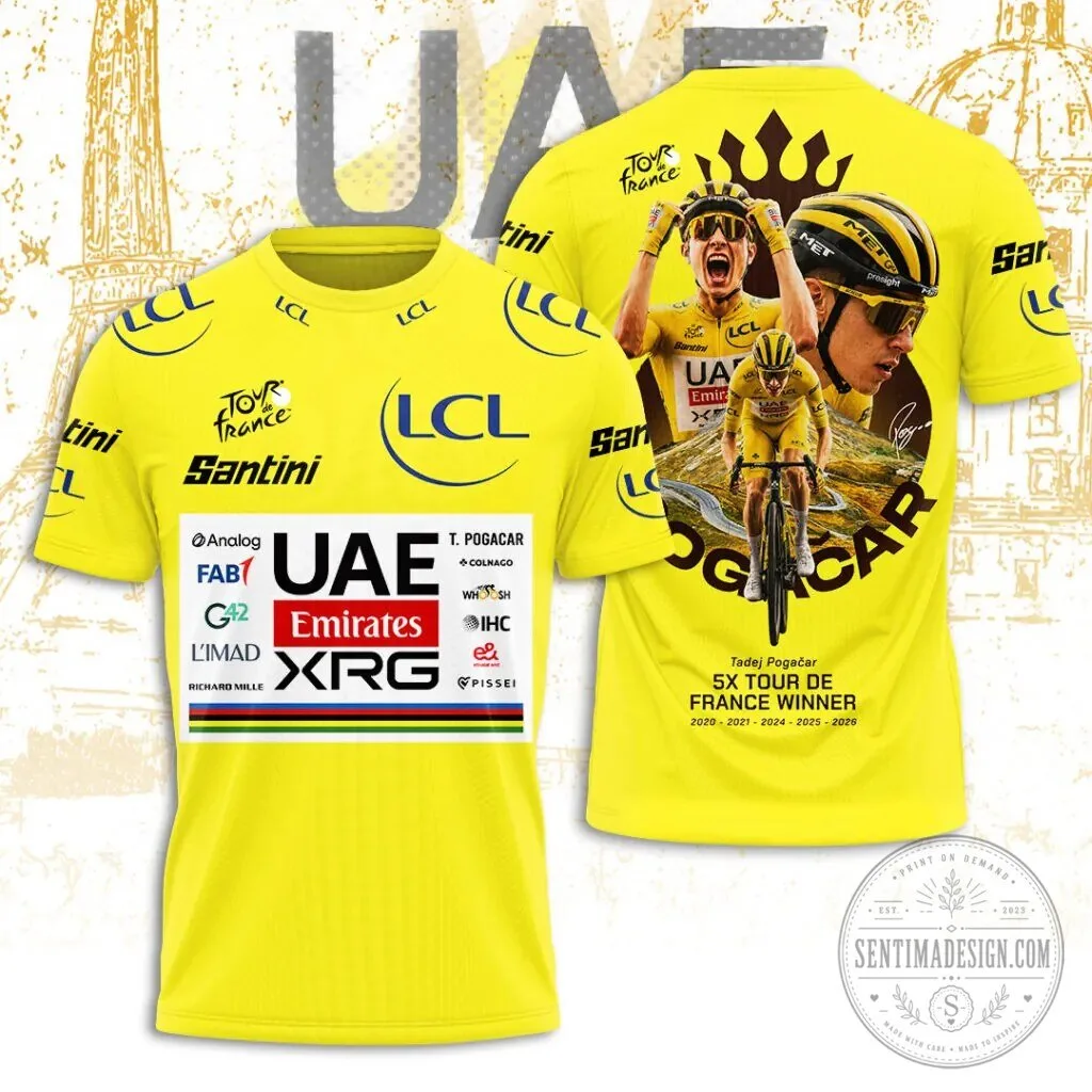 Tadej Pogacar 5X Tour de France Winner Yellow Cycling T-Shirt