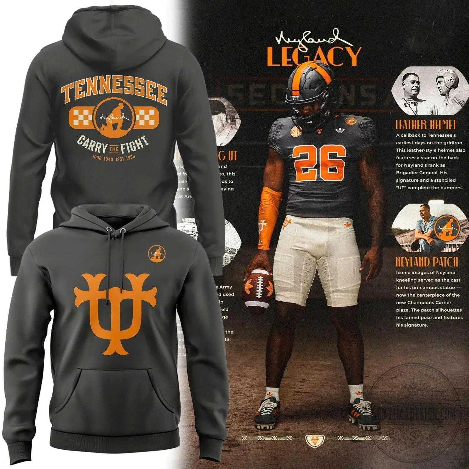 Smokey Grey Football Hoodie for Tennessee Volunteers - Neyland Legacy Edition