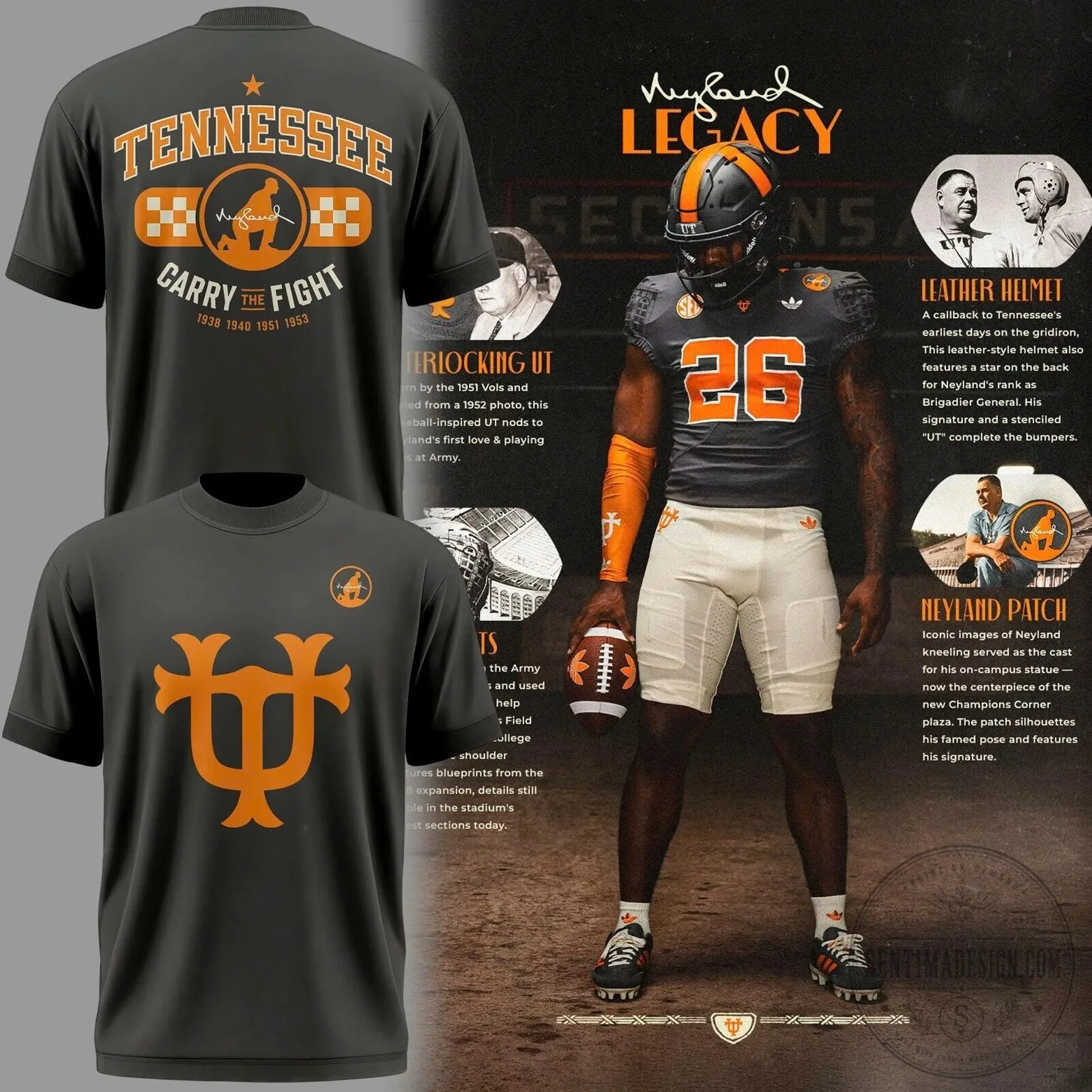 Smokey Grey Football T-Shirt featuring Tennessee Volunteers Neyland Legacy Design