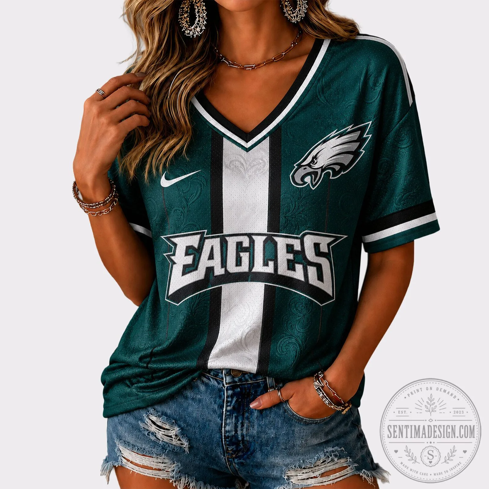 Philadelphia Eagles Womens Green V-Neck Game Day Football Jersey