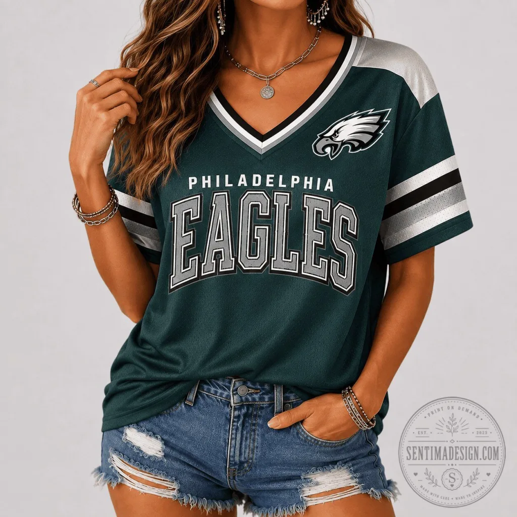 Philadelphia Eagles Football Team Green and Silver V-Neck Game Day Jersey Philadelphia Eagles Football Team Green and Silver V-Neck Game Day Jersey