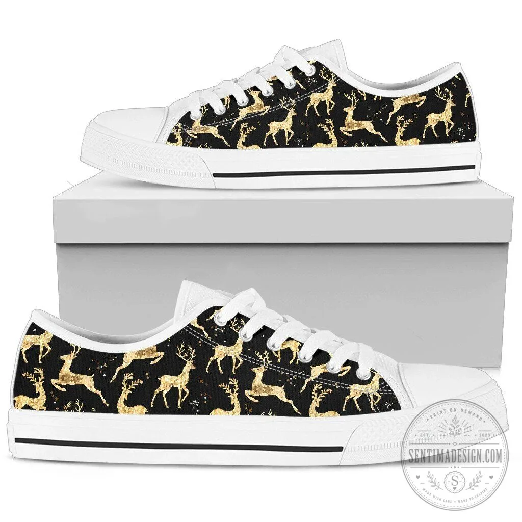 Golden Reindeer Pattern Christmas Holiday Low Top Canvas Shoes 4 Golden Reindeer Pattern Christmas Holiday Low Top Canvas Shoes