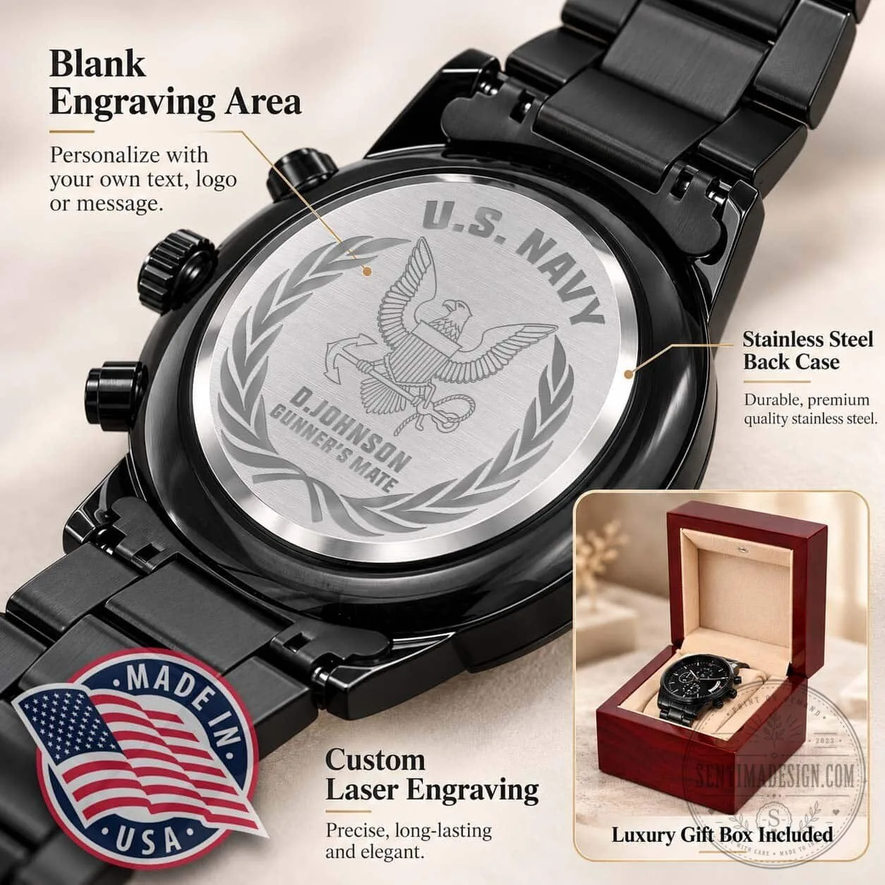 United States Army Veteran Engraved Black Chronograph Watch 13 United States Army Veteran Engraved Black Chronograph Watch