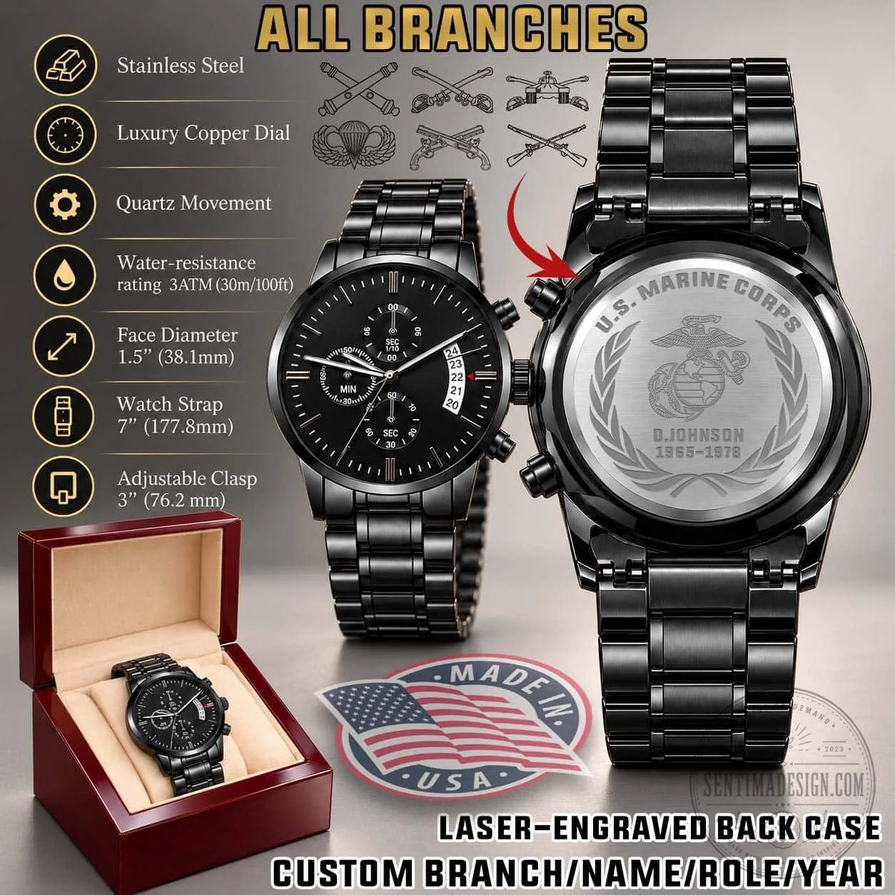 United States Army Veteran Engraved Black Chronograph Watch 14 United States Army Veteran Engraved Black Chronograph Watch