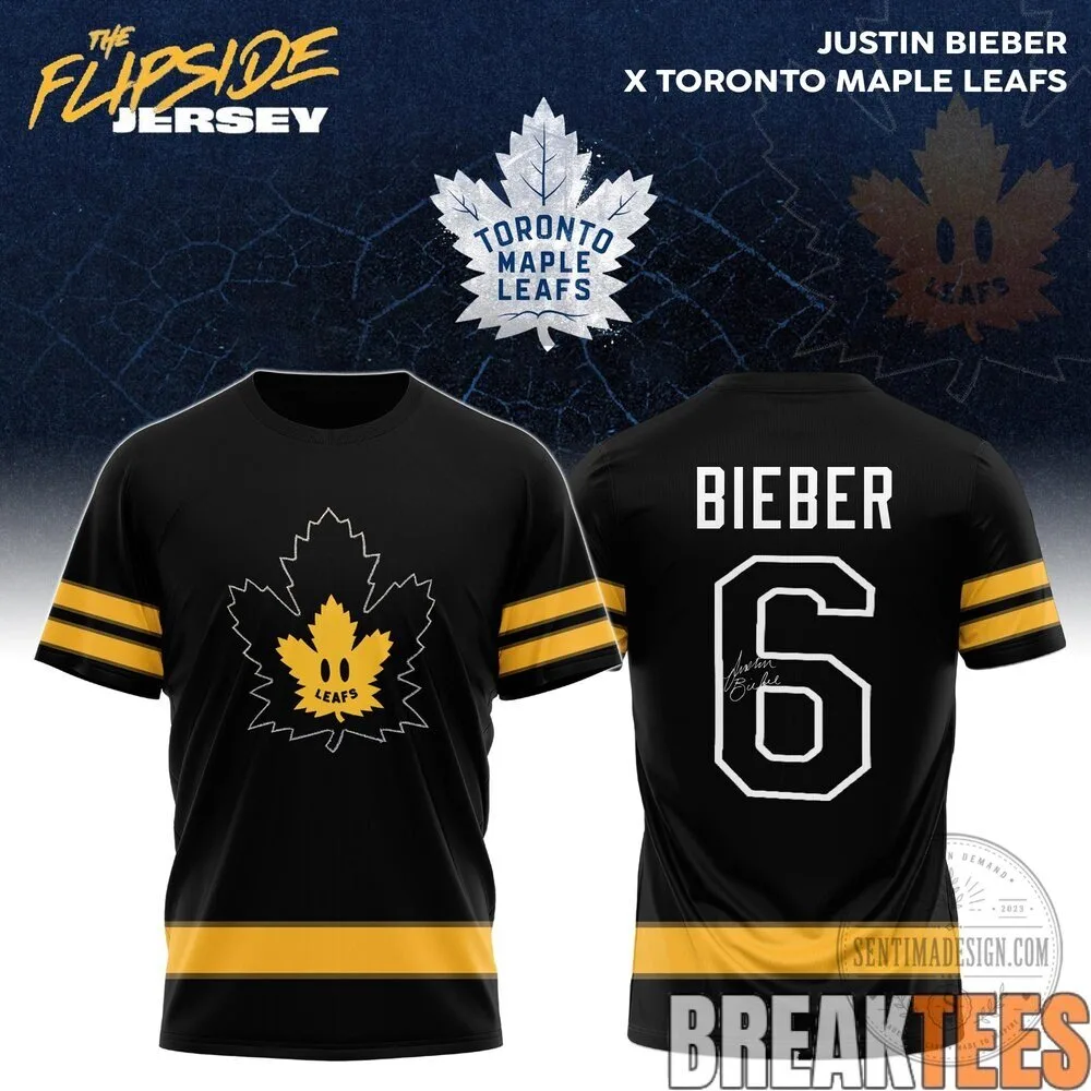 Justin Bieber Toronto Maple Leafs Black and Gold Fan Hockey Jersey