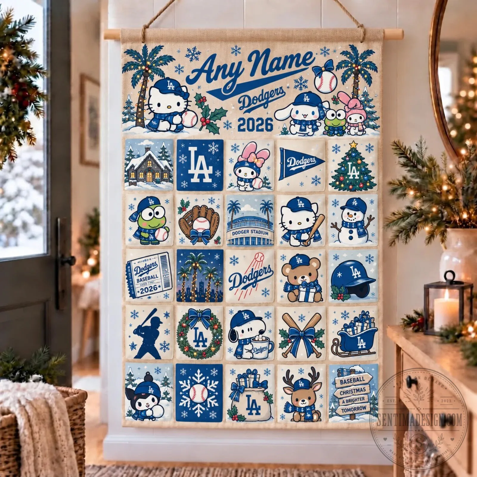 Los Angeles Dodgers Hello Kitty Christmas Custom Advent Calendar Wall Hanging