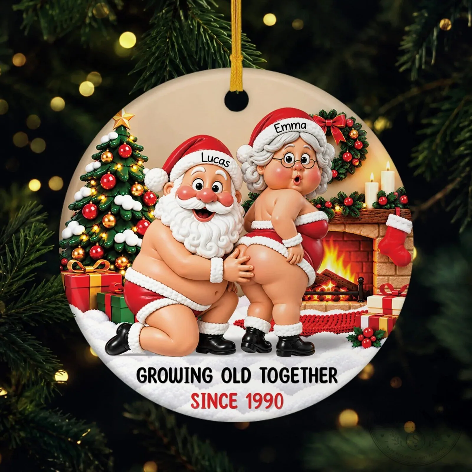 Funny Santa Claus and Mrs. Claus Growing Old Together Christmas Ceramic Ornament 1 Funny Santa Claus and Mrs. Claus Growing Old Together Christmas Ceramic Ornament
