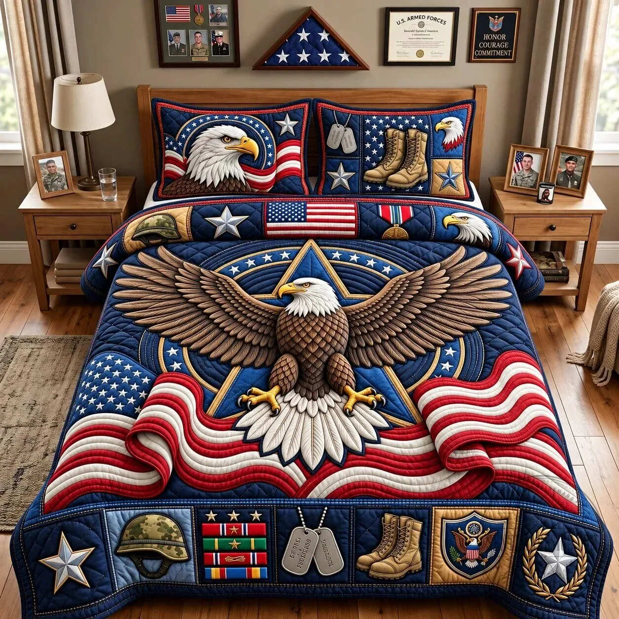 American Eagle Honor Quilted Bedding Set with Patriotic Military Design