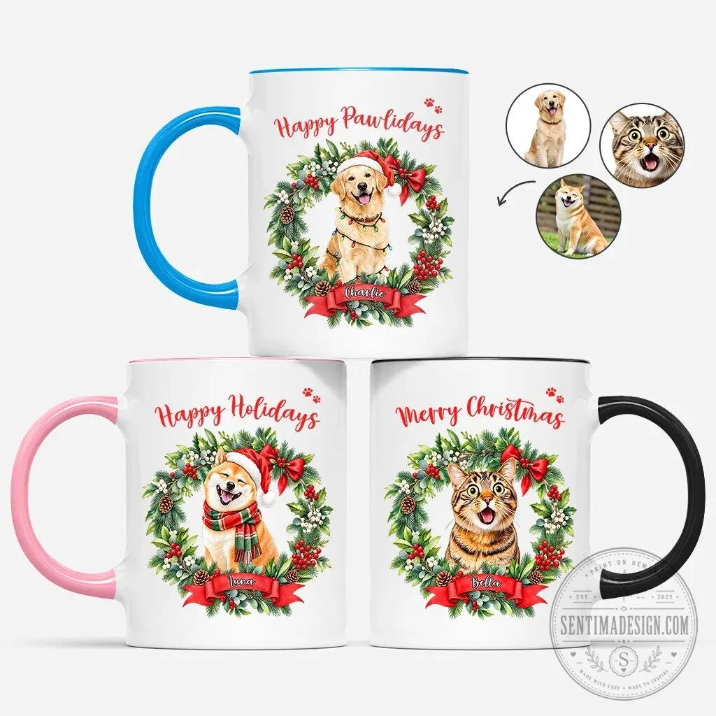 Personalized Happy Pawlidays Christmas Pet Photo Mug for Dog and Cat Lovers