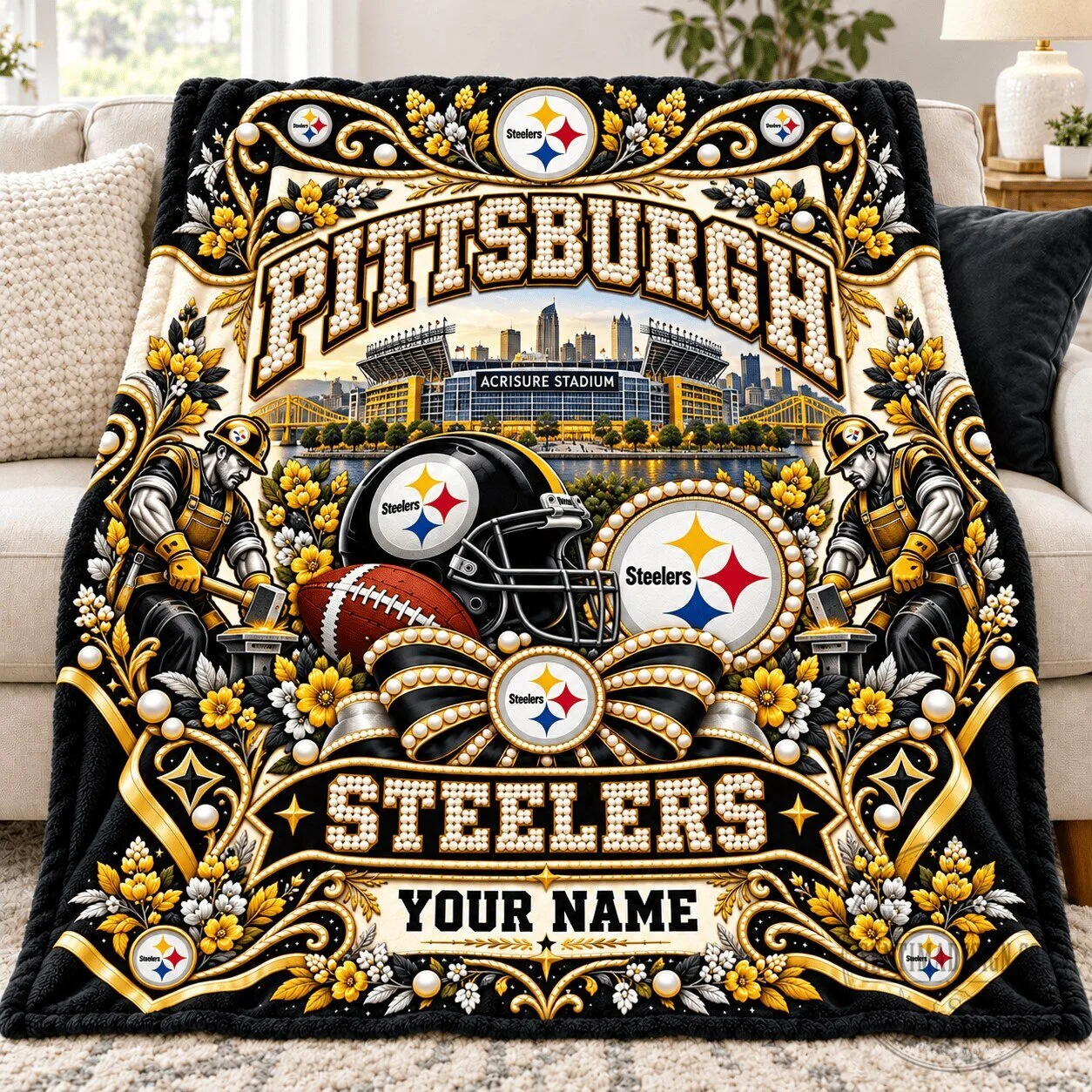 Pittsburgh Steelers Football Team Acrisure Stadium Custom Name Blanket