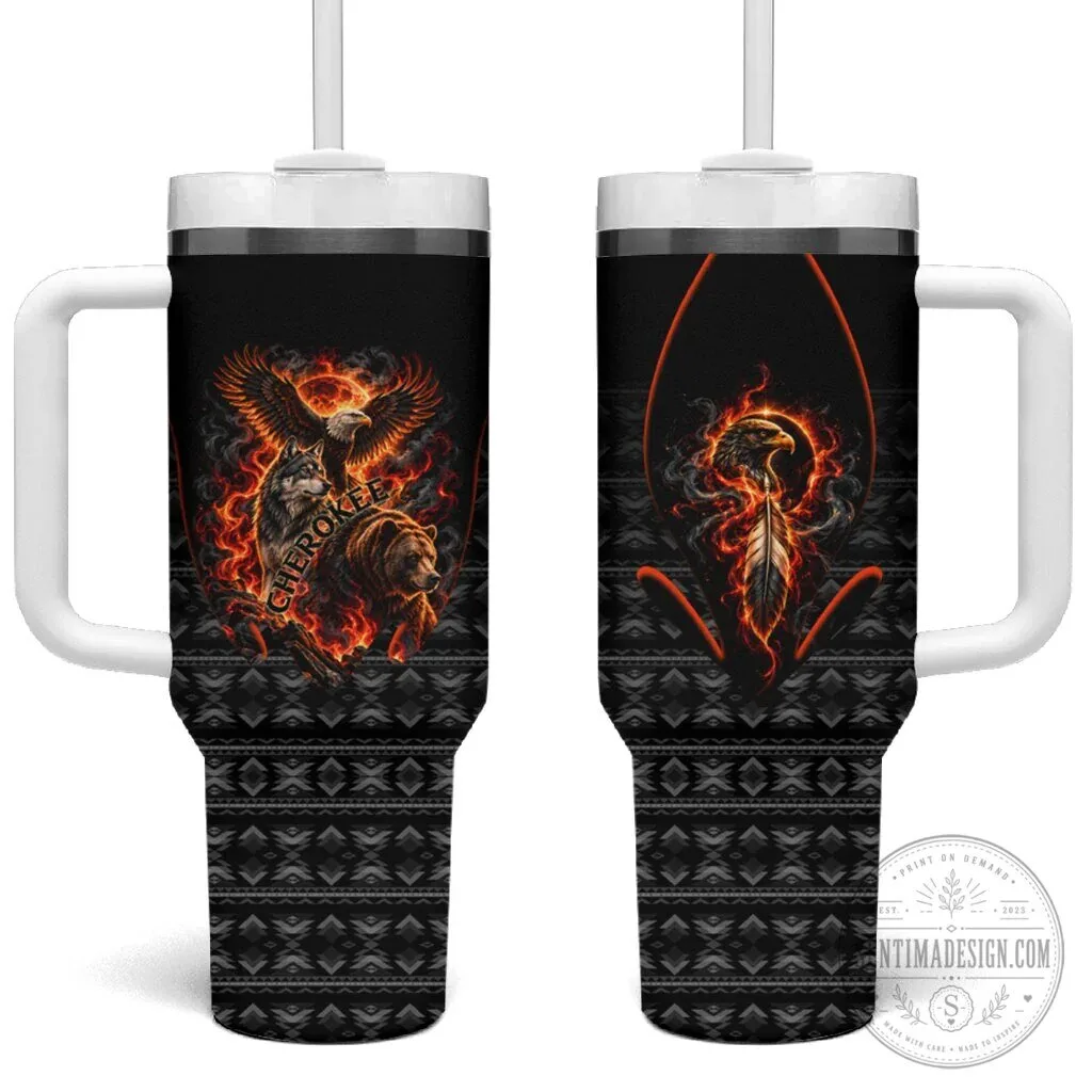 Cherokee Spirit Animals Tumbler With Handle Fiery Tribal Art Native Geometric Patterns 2 Cherokee Spirit Animals Tumbler With Handle Fiery Tribal Art Native Geometric Patterns
