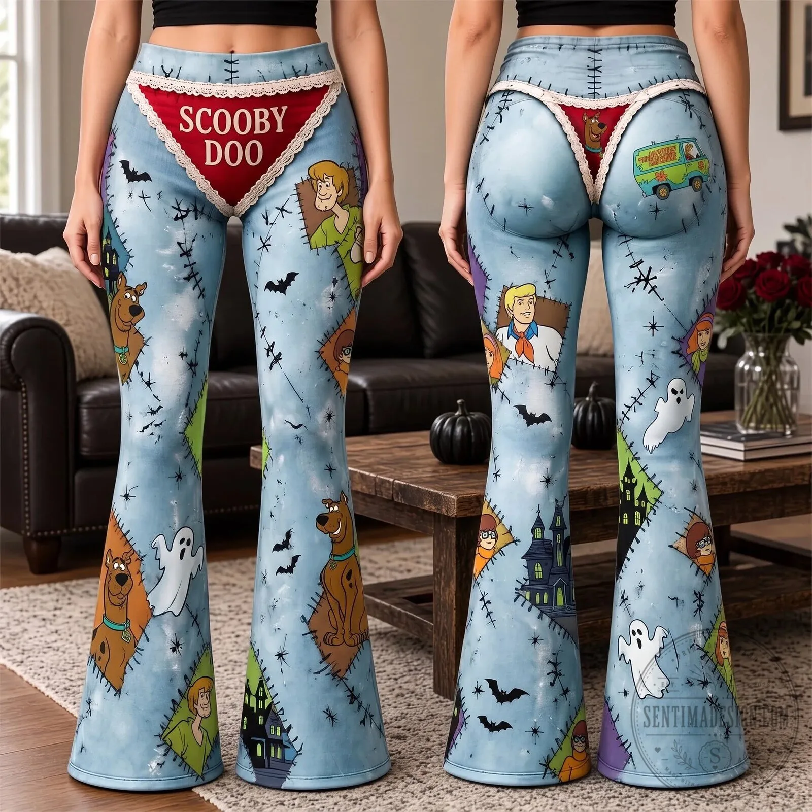 Scooby-Doo Mystery Machine Halloween Patchwork Bell Bottom Leggings 4 Scooby-Doo Mystery Machine Halloween Patchwork Bell Bottom Leggings