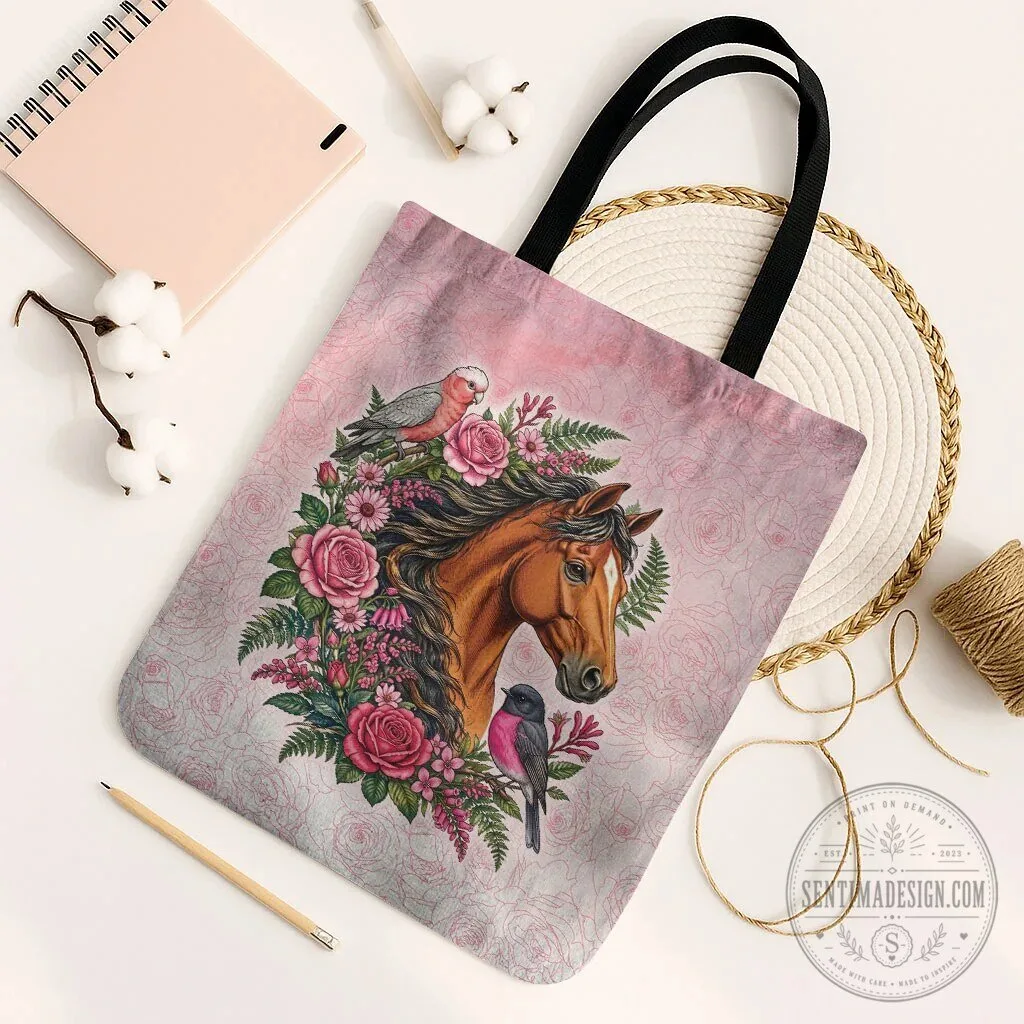 Elegant Horse Head Pink Rose Wreath Floral Tote Bag with Galah Cockatoo and Robin