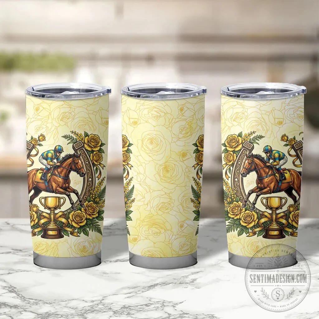 Melbourne Horse Racing Yellow Rose Floral Horseshoe Tumbler Cup 12 Melbourne Horse Racing Yellow Rose Floral Horseshoe Tumbler Cup