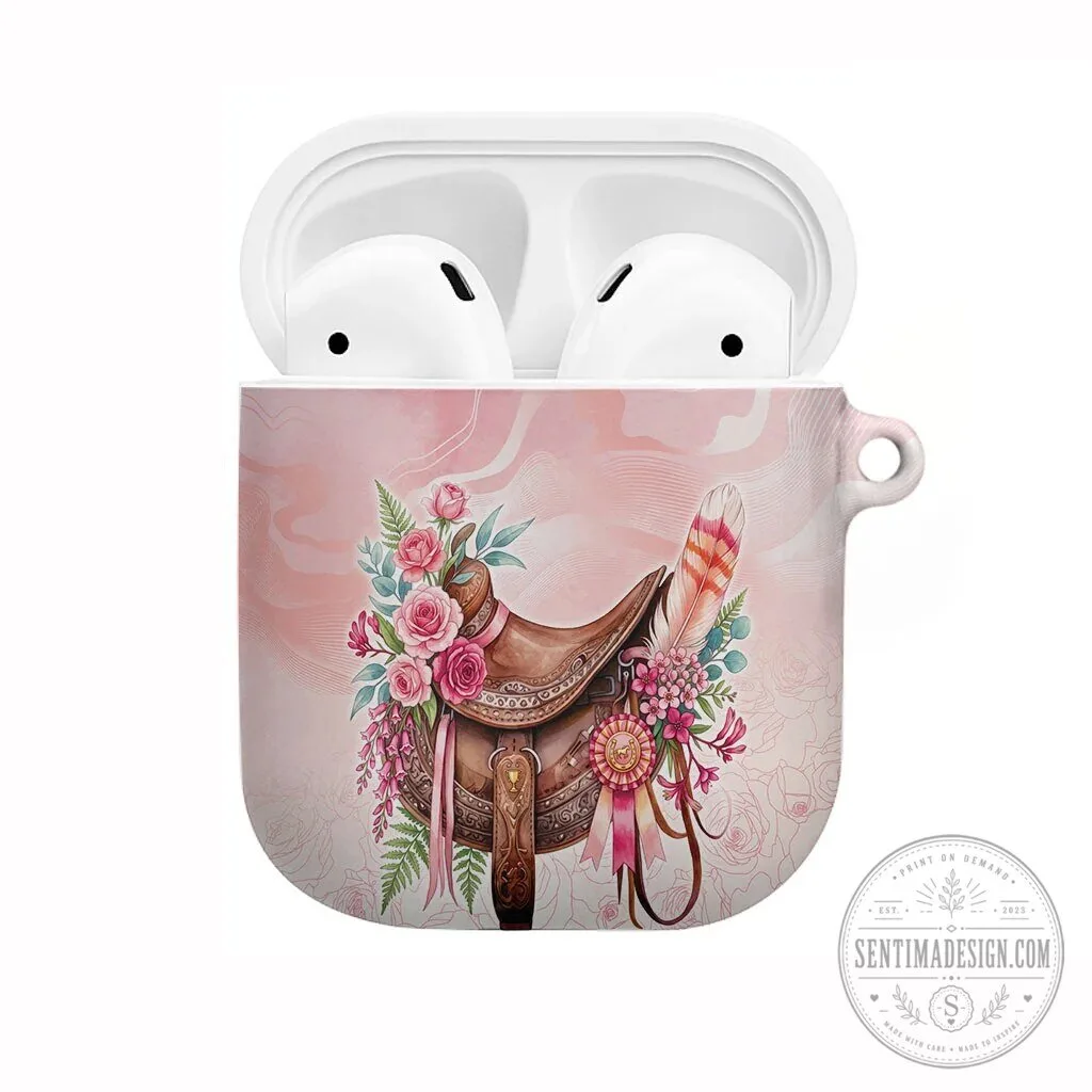 Pink Rose Floral Horse Saddle Design AirPods Case with Waxflower Flowers