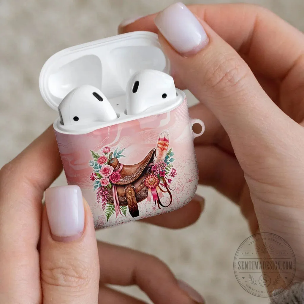 Pink Rose Floral Horse Saddle Design AirPods Case with Waxflower Flowers 12 Pink Rose Floral Horse Saddle Design AirPods Case with Waxflower Flowers