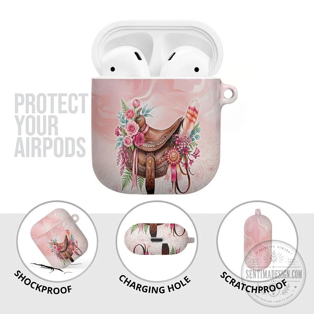 Pink Rose Floral Horse Saddle Design AirPods Case with Waxflower Flowers 15 Pink Rose Floral Horse Saddle Design AirPods Case with Waxflower Flowers