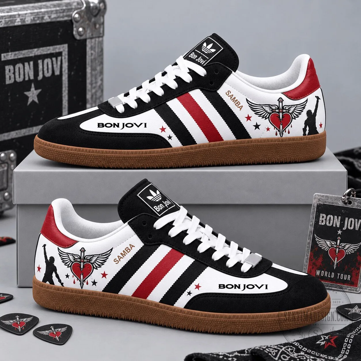 Bon Jovi Iconic Black Red Heart And Dagger Emblem Adidas Samba OG Graphic Shoes
