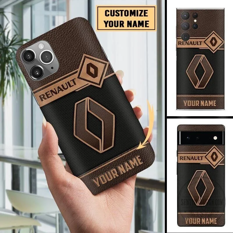 Renault Custom Name Brown Leather Pattern Phone Case for All Models