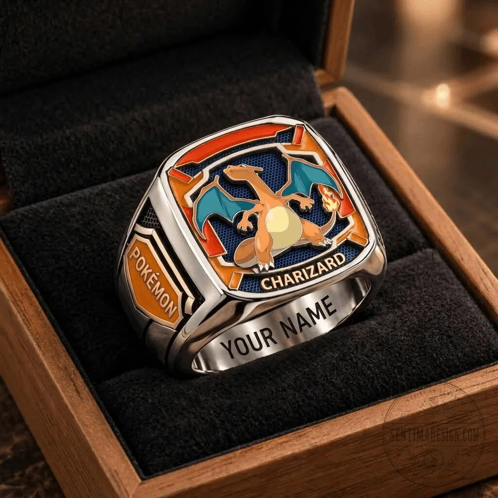 Pokemon Charizard Custom Engraved Stainless Steel Ring for Fans