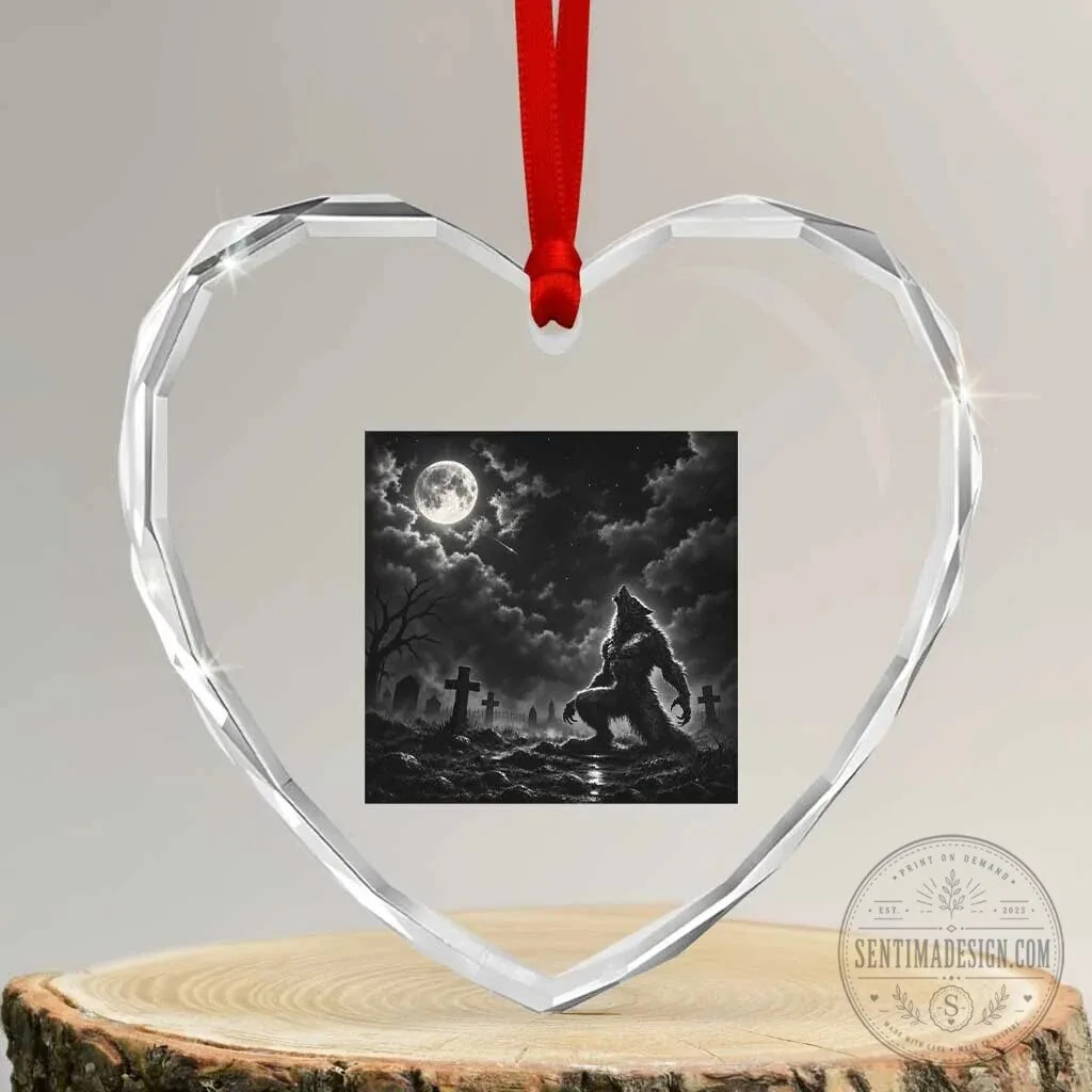Werewolf Howling at Full Moon Graveyard Halloween Heart Crystal Glass Ornament 4 Werewolf Howling at Full Moon Graveyard Halloween Heart Crystal Glass Ornament