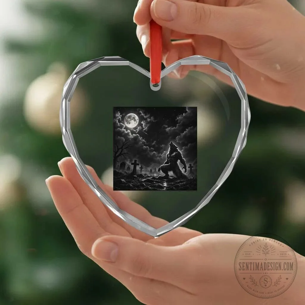 Werewolf Howling at Full Moon Graveyard Halloween Heart Crystal Glass Ornament 11 Werewolf Howling at Full Moon Graveyard Halloween Heart Crystal Glass Ornament